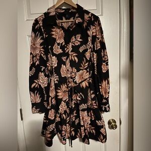 Rachel Zoe black-floral  button down dress  with full sleeves and ruffle hem